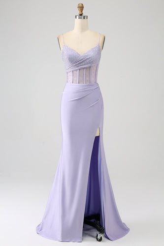 Glitter Lilac Corset Mermaid Long Formal Dress with Slit