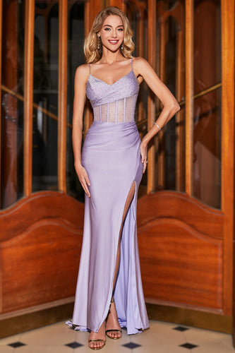 Trendy Mermaid Spaghetti Straps Lilac Corset Formal Dress with Split Front