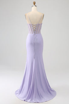 Glitter Lilac Corset Mermaid Long Formal Dress with Slit