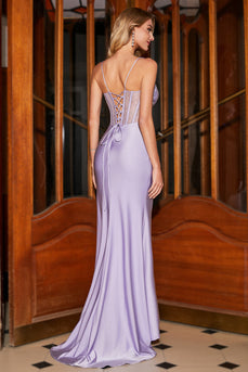 Trendy Mermaid Spaghetti Straps Lilac Corset Prom Dress with Split Front