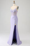 Glitter Lilac Corset Mermaid Long Formal Dress with Slit