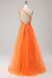 Orange One Shoulder A-Line Tulle Long Formal Dress with Appliques