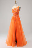 Orange One Shoulder A-Line Tulle Long Formal Dress with Appliques