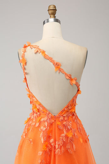 Orange One Shoulder A-Line Tulle Long Formal Dress with Appliques