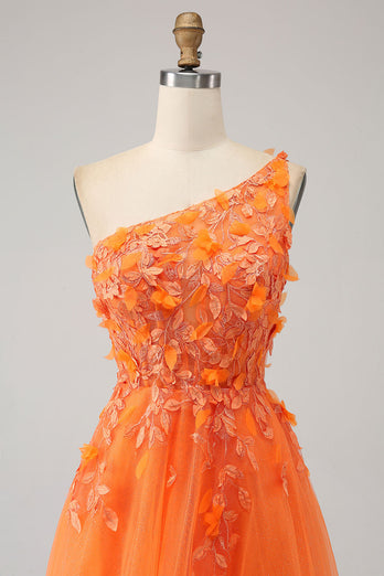 Orange One Shoulder A-Line Tulle Long Formal Dress with Appliques
