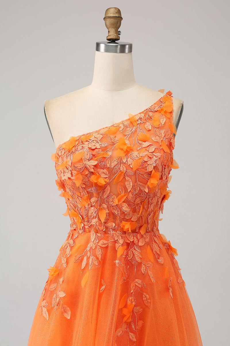 Load image into Gallery viewer, Orange One Shoulder A-Line Tulle Long Formal Dress with Appliques