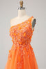 Load image into Gallery viewer, Orange One Shoulder A-Line Tulle Long Formal Dress with Appliques
