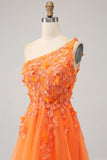 Orange One Shoulder A-Line Tulle Long Formal Dress with Appliques