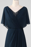 Navy A-Line V-Neck Asymmetrical Sequins Mother of the Bride Dress With Beading