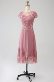 Dusty Rose A-Line Scoop Illusion Tea-Length Mother of the Bride Dress With Sequins