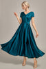 Load image into Gallery viewer, Peacock Green Satin V-neck A-line Pleated Mother of the Bride Dress