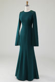 Dark Green Mermaid Round Neck Gown With Beaded Cape Sleeves