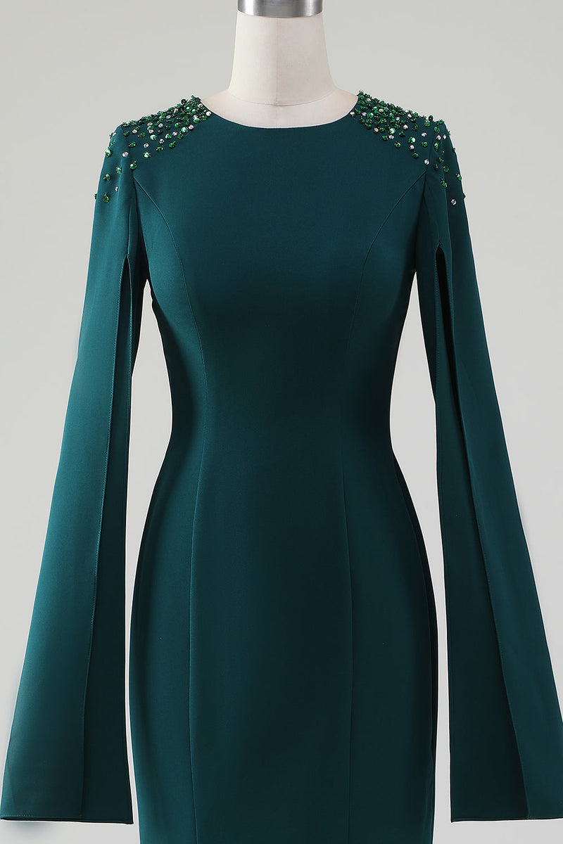 Load image into Gallery viewer, Dark Green Mermaid Round Neck Gown With Beaded Cape Sleeves
