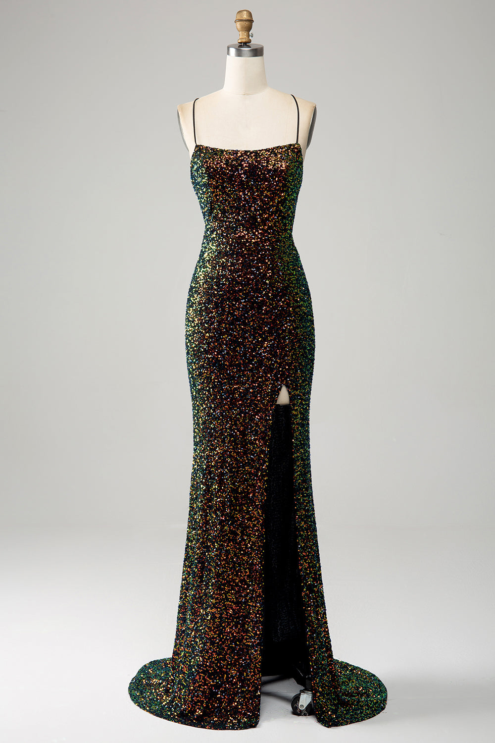 Glitter Black Spaghetti Straps Sequins Mermaid Formal Dress with Slit
