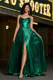 Sparkly A-line Dark Green Corset Formal Dress with Slit