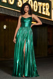 Sparkly A-line Dark Green Corset Formal Dress with Slit