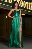 Sparkly A-line Dark Green Corset Formal Dress with Slit