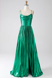 A-line Dark Green Corset Formal Dress with Slit