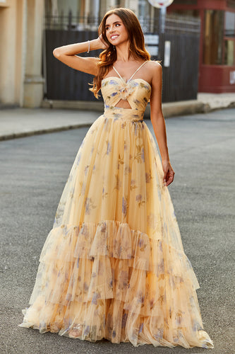 Yellow A-Line Halter Pleated Tulle Tiered Long Formal Dress With Embroidery