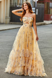 Yellow A-Line Halter Pleated Tulle Tiered Long Formal Dress With Embroidery