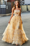 Yellow A-Line Halter Pleated Tulle Tiered Long Formal Dress With Embroidery