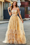 Yellow A-Line Halter Pleated Tulle Tiered Long Formal Dress With Embroidery