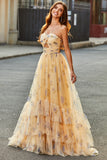 Yellow A-Line Halter Pleated Tulle Tiered Long Formal Dress With Embroidery