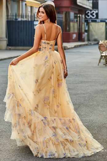 Yellow A-Line Halter Pleated Tulle Tiered Long Formal Dress With Embroidery
