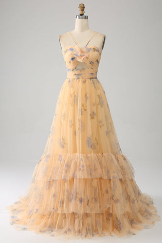 Yellow A-Line Halter Pleated Tulle Tiered Formal Dress With Embroidery