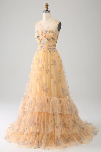Yellow A-Line Halter Pleated Tulle Tiered Formal Dress With Embroidery