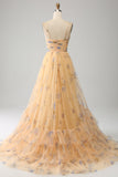 Yellow A-Line Halter Pleated Tulle Tiered Formal Dress With Embroidery