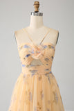 Yellow A-Line Halter Pleated Tulle Tiered Formal Dress With Embroidery