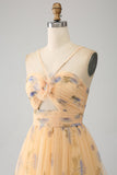 Yellow A-Line Halter Pleated Tulle Tiered Formal Dress With Embroidery