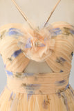 Yellow A-Line Halter Pleated Tulle Tiered Formal Dress With Embroidery