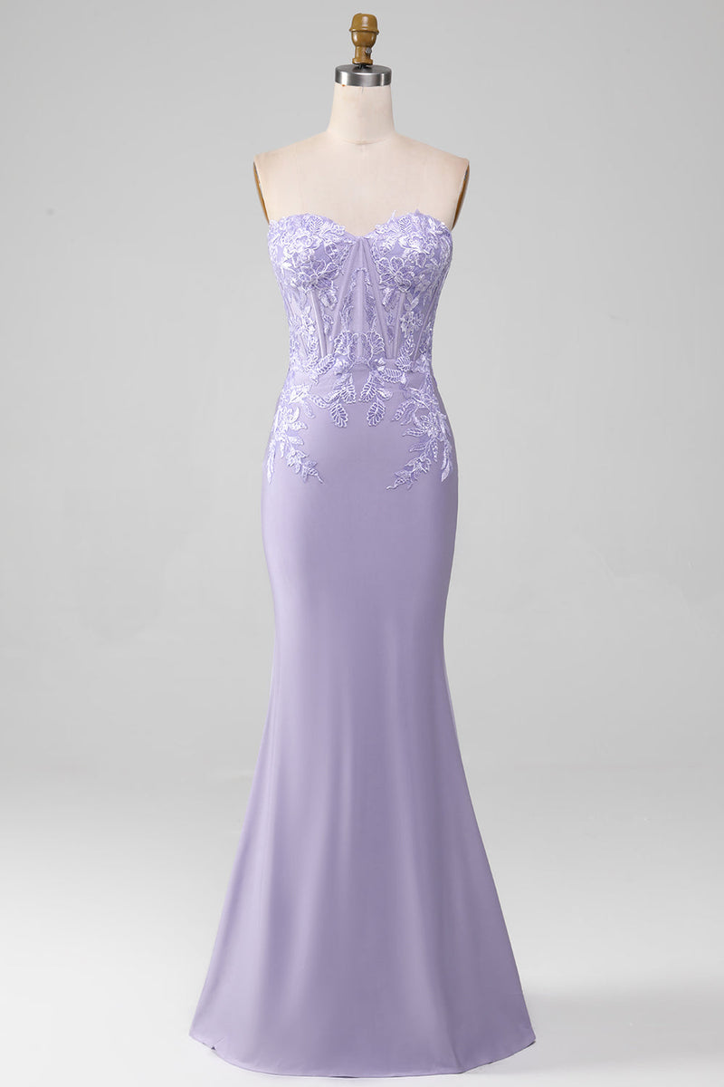 Load image into Gallery viewer, Lilac Sheath Strapless Corset Formal Dresses With Lace Appliques