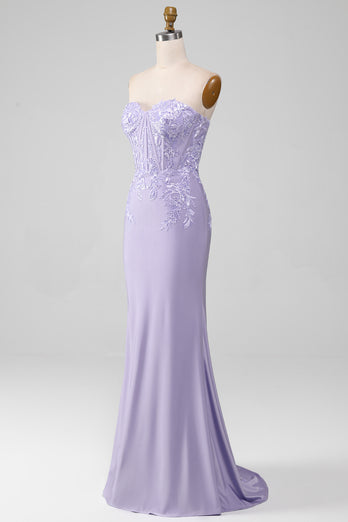 Lilac Sheath Strapless Corset Formal Dresses With Lace Appliques