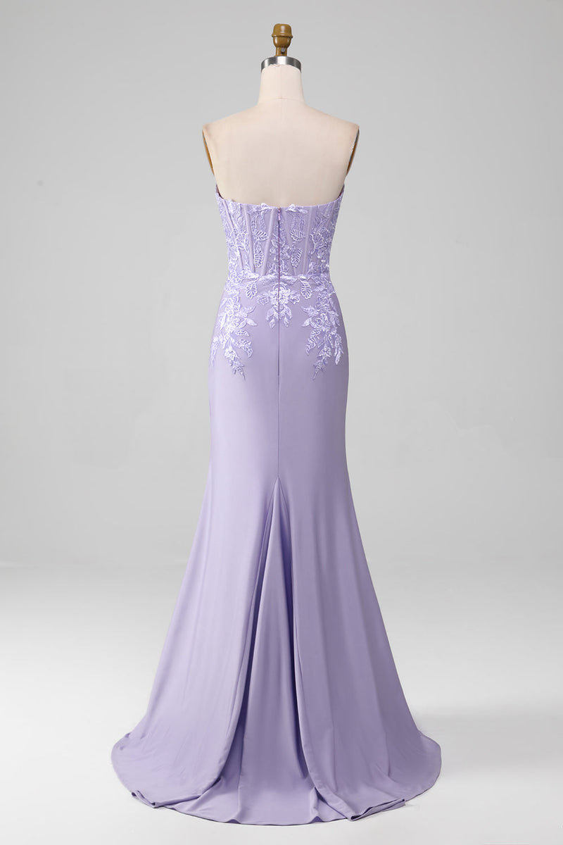 Load image into Gallery viewer, Lilac Sheath Strapless Corset Formal Dresses With Lace Appliques
