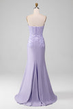 Lilac Sheath Strapless Corset Formal Dresses With Lace Appliques