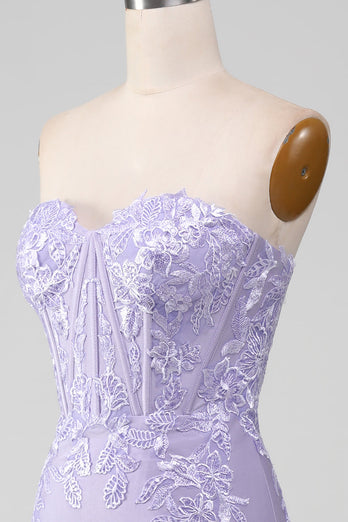 Lilac Sheath Strapless Corset Formal Dresses With Lace Appliques
