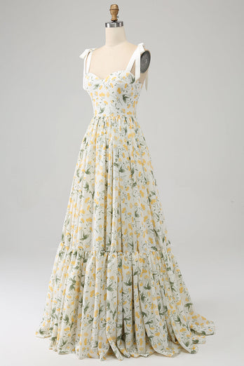 Ivory A-Line Floral Long Formal Dress