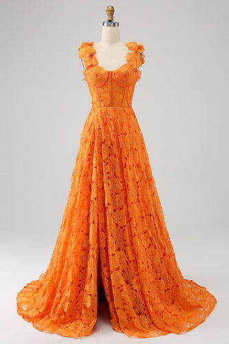 Orange A-Line Floral Lace Long Formal Dress