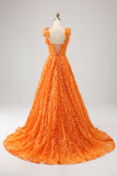 Orange A-Line Floral Lace Long Formal Dress