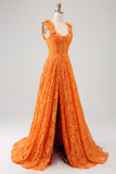 Orange A-Line Floral Lace Long Formal Dress