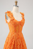 Orange A-Line Floral Lace Long Formal Dress