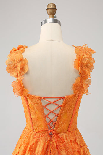 Orange A-Line Floral Lace Long Formal Dress