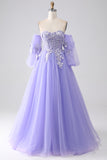 Lavender A-Line Strapless Tulle Long Formal Dress with Sleeves