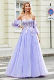 Gorgeous A Line Off the Shoulder Lavender Corset Prom Dress with Appliques