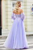 Gorgeous A Line Off the Shoulder Lavender Corset Prom Dress with Appliques