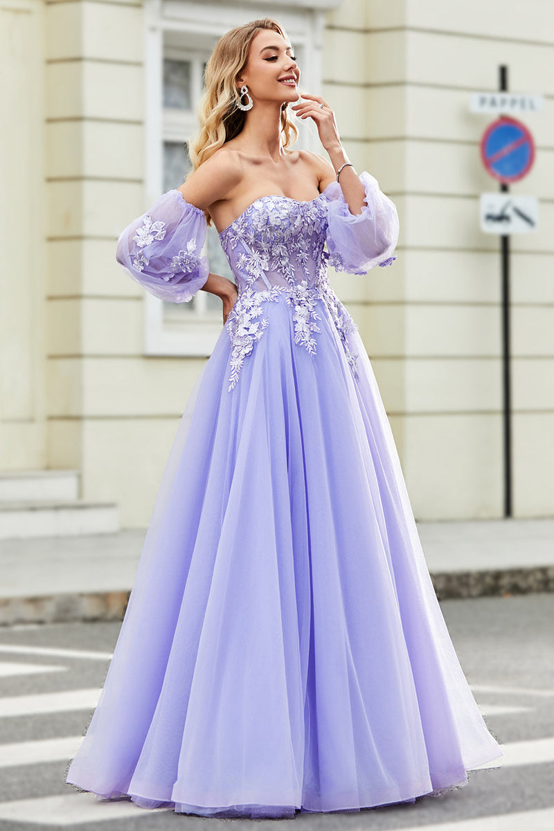 Load image into Gallery viewer, Gorgeous A Line Off the Shoulder Lavender Corset Prom Dress with Appliques