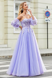 Gorgeous A Line Off the Shoulder Lavender Corset Prom Dress with Appliques